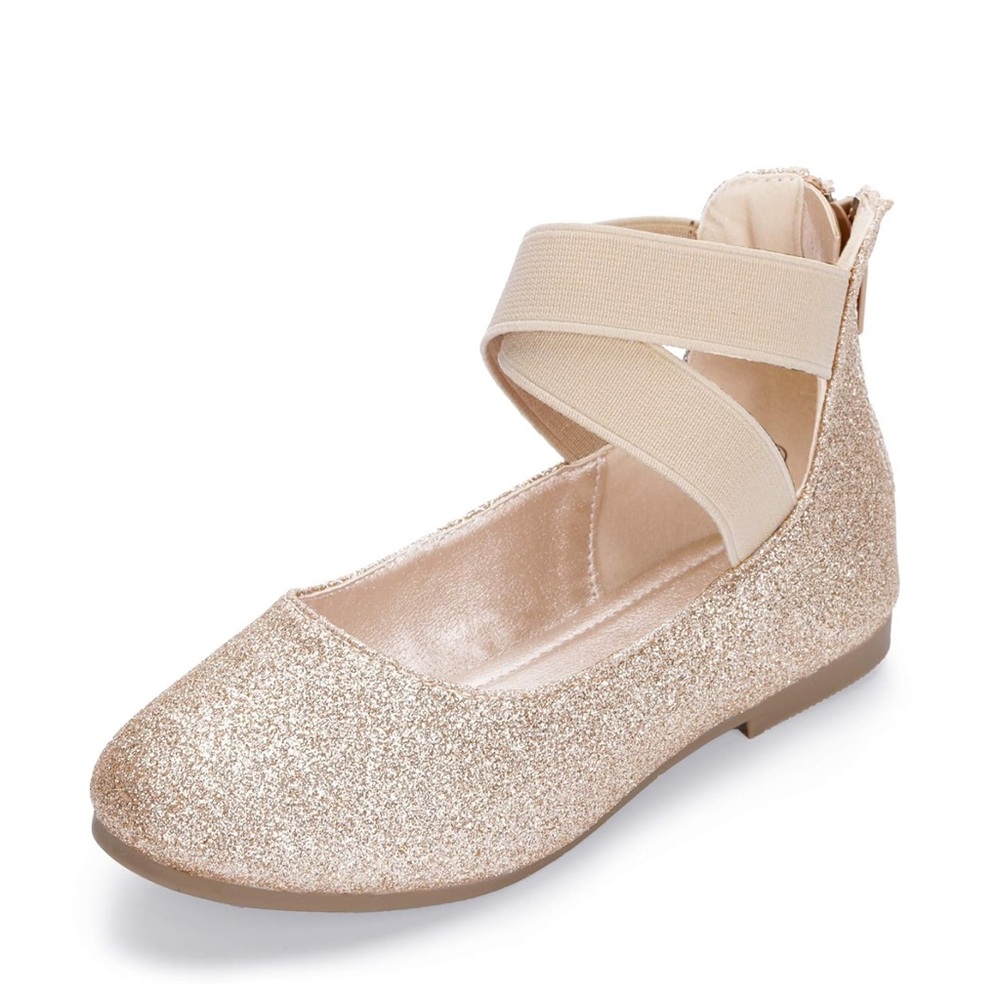 Glittery Gold Ballet Flats with Ankle Strap
